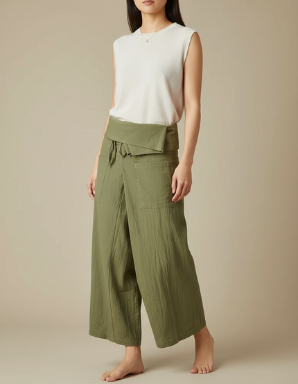 Pantalon Japonais Vert Ample Lin Coton Fluide - Kaki