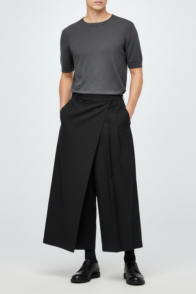 Pantalon Japonais Noir Ample Plissé Déstructuré Homme - Gabardine