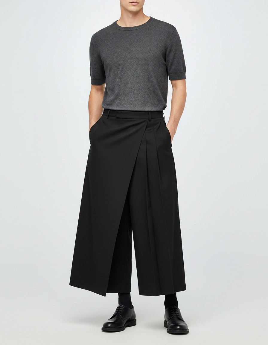 Pantalon Japonais Noir Ample Plissé Déstructuré Homme - Gabardine