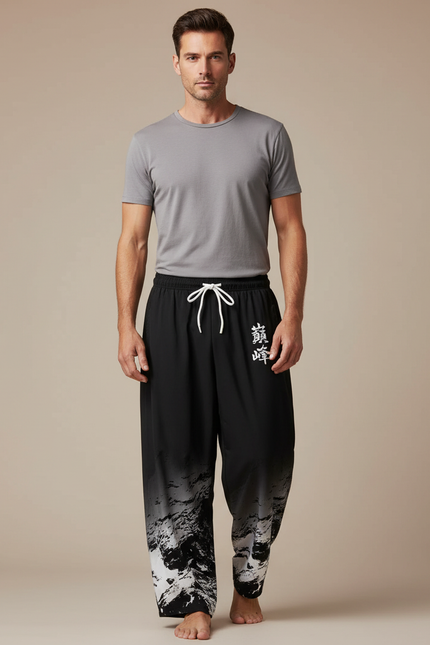 Pantalon Japonais Noir Dégradé Ample Imprimé Cordon - Polyester