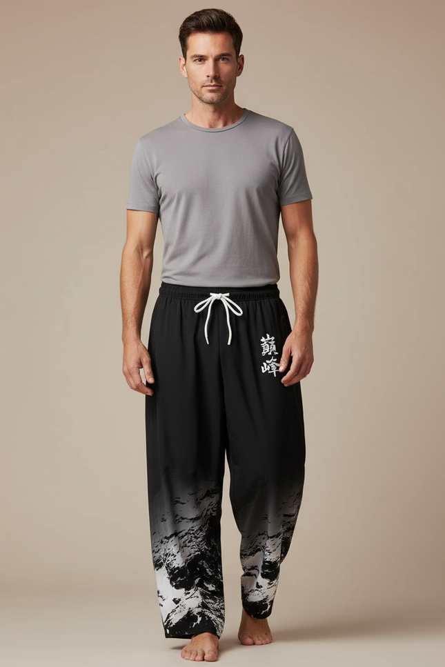 Pantalon Japonais Noir Dégradé Ample Imprimé Cordon - Polyester