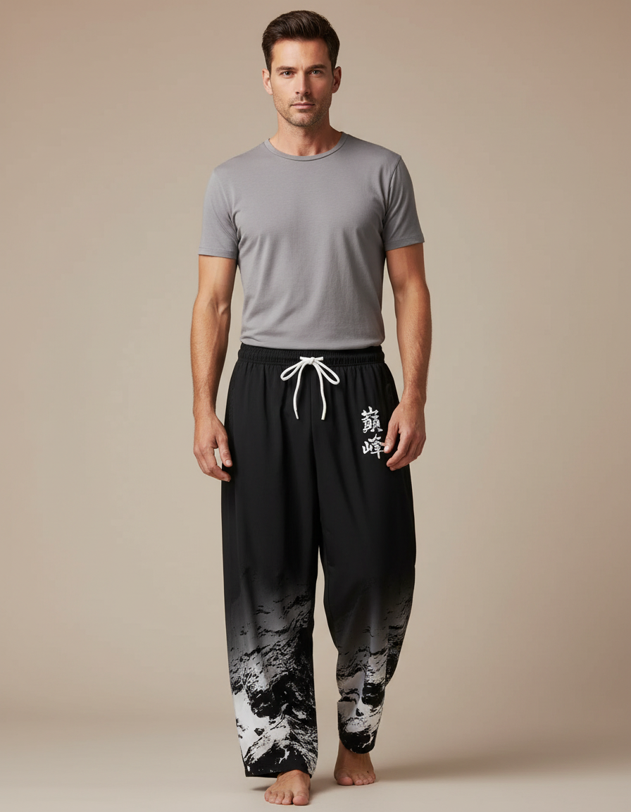 Pantalon Japonais Noir Dégradé Ample Imprimé Cordon - Polyester