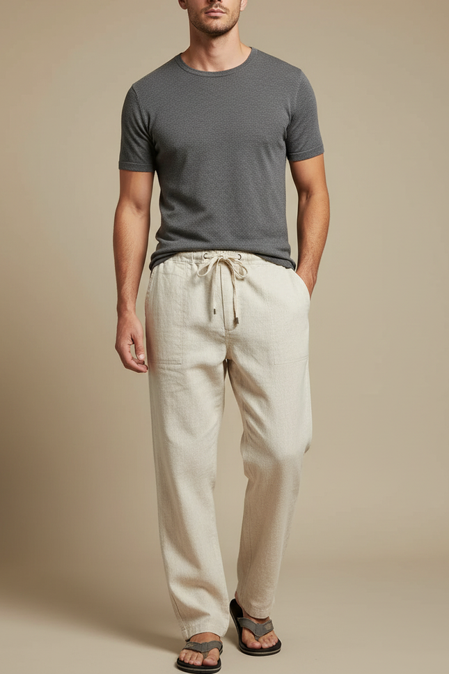 Pantalon Japonais Beige Lin Ample Cordon Décontracté