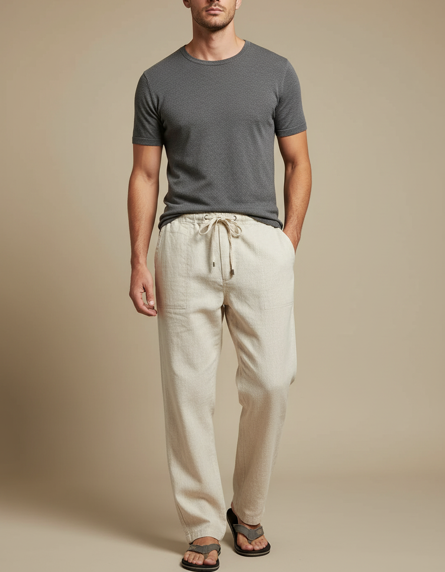 Pantalon Japonais Beige Lin Ample Cordon Décontracté