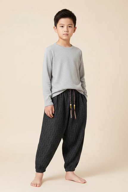 Pantalon Japonais Gris Anthracite Ample Motif Géométrique Enfant - Laine