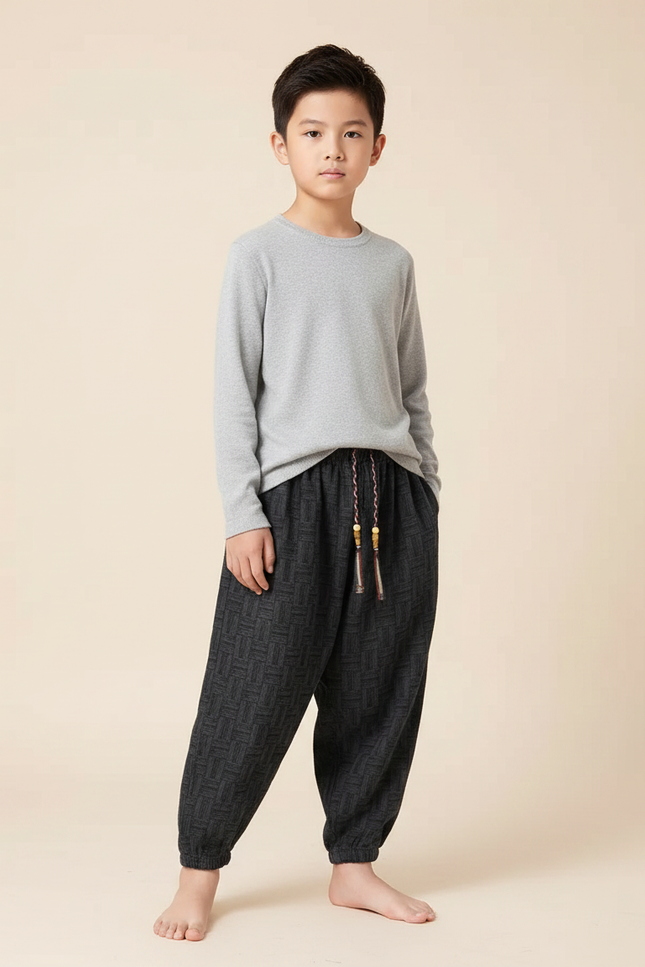 Pantalon Japonais Gris Anthracite Ample Motif Géométrique Enfant - Laine