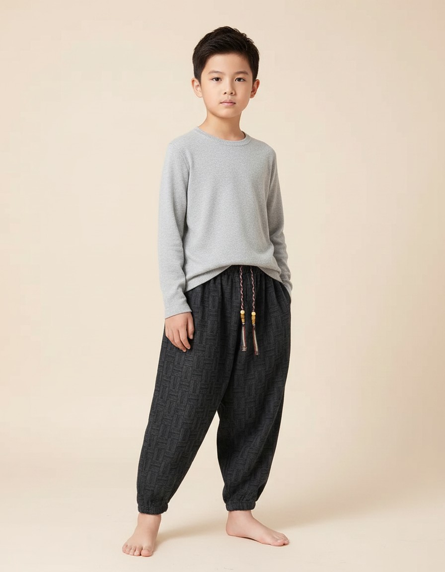 Pantalon Japonais Gris Anthracite Ample Motif Géométrique Enfant - Laine