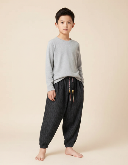 Pantalon Japonais Gris Anthracite Ample Motif Géométrique Enfant - Laine