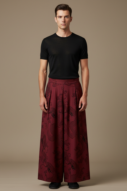 Pantalon Japonais Large Dragon Rouge Vintage Homme - Bordeaux Viscose