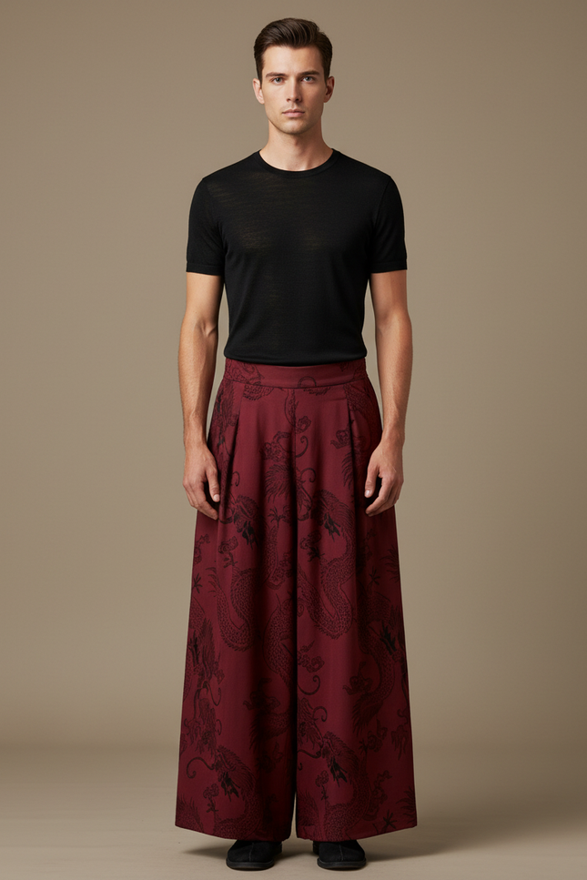 Pantalon Japonais Large Dragon Rouge Vintage Homme - Bordeaux Viscose