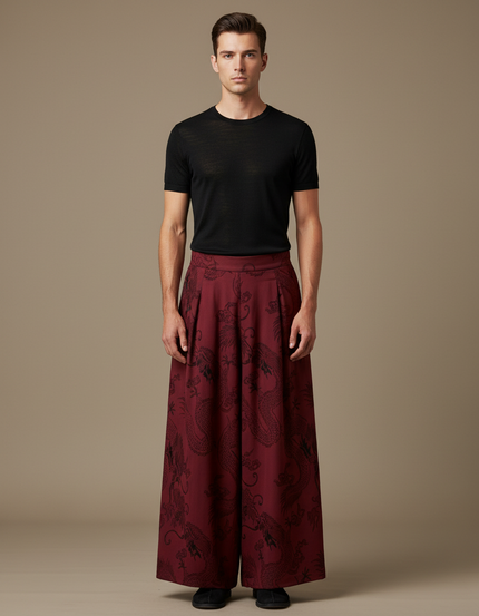 Pantalon Japonais Large Dragon Rouge Vintage Homme - Bordeaux Viscose