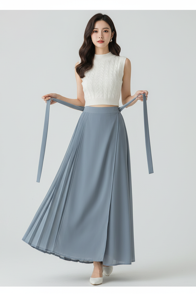 Pantalon Japonais Jupe-culotte Plissé Fluide Élégant Bleu - Polyester