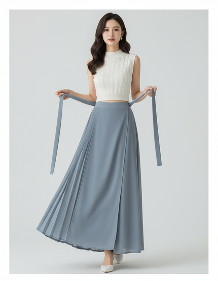Pantalon Japonais Jupe-culotte Plissé Fluide Élégant Bleu - Polyester