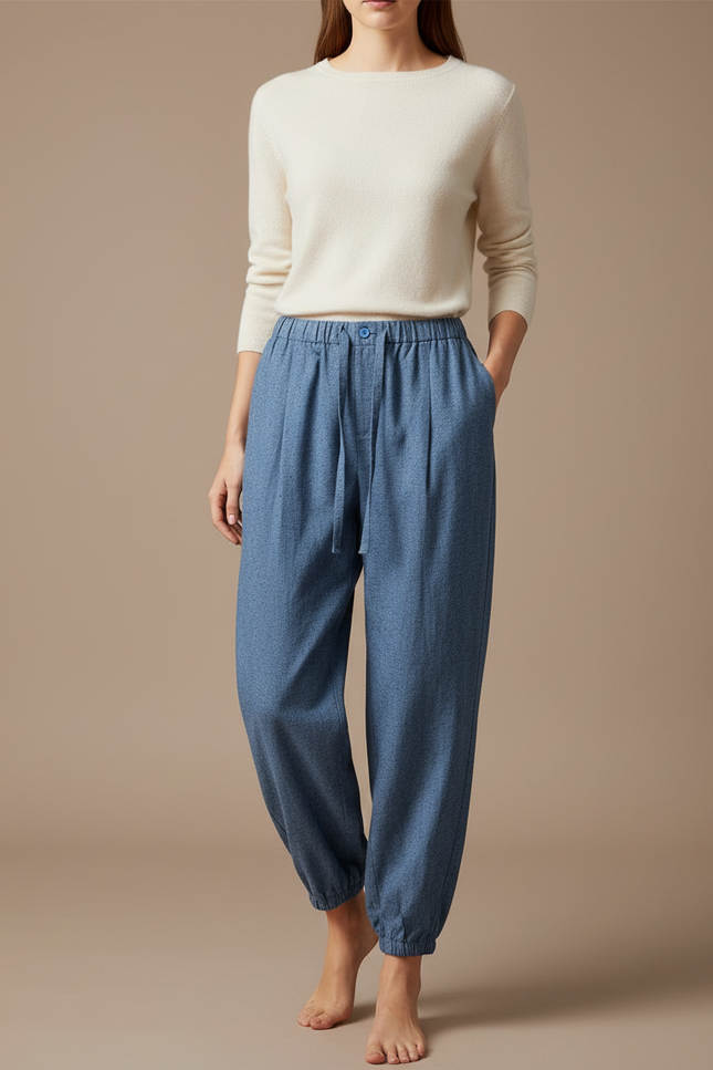 Pantalon Japonais Bleu Fluide Chevilles Resserrées Confortable - Coton