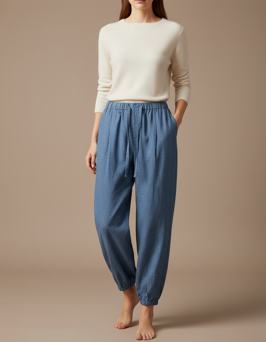 Pantalon Japonais Bleu Fluide Chevilles Resserrées Confortable - Coton