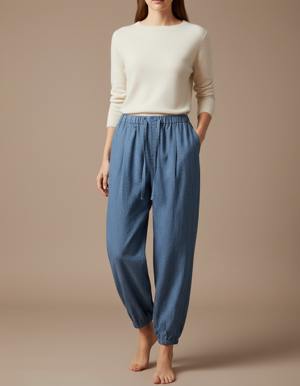 Pantalon Japonais Bleu Fluide Chevilles Resserrées Confortable - Coton