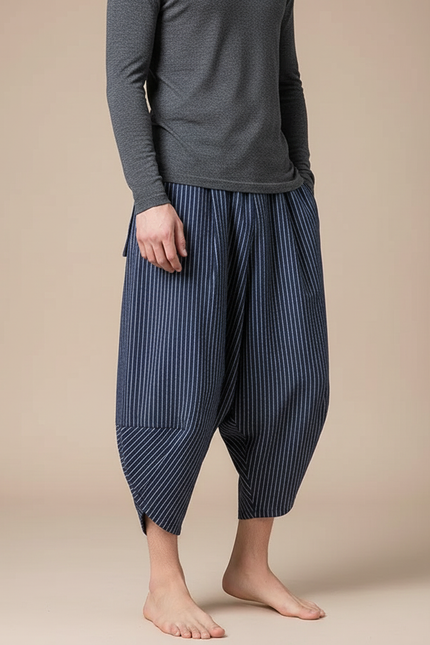 Pantalon Japonais Rayé Bleu Ample Coton Lin - Marine