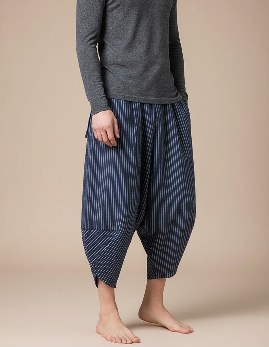 Pantalon Japonais Rayé Bleu Ample Coton Lin - Marine