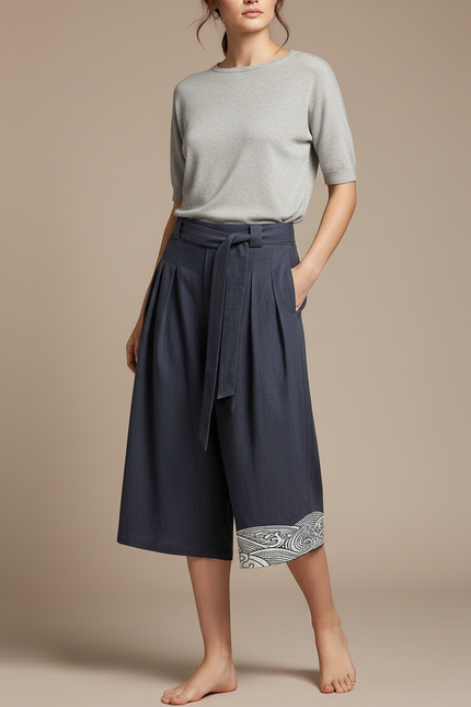 Pantalon Japonais Bleu Marine Ample Lin Brodé Vagues