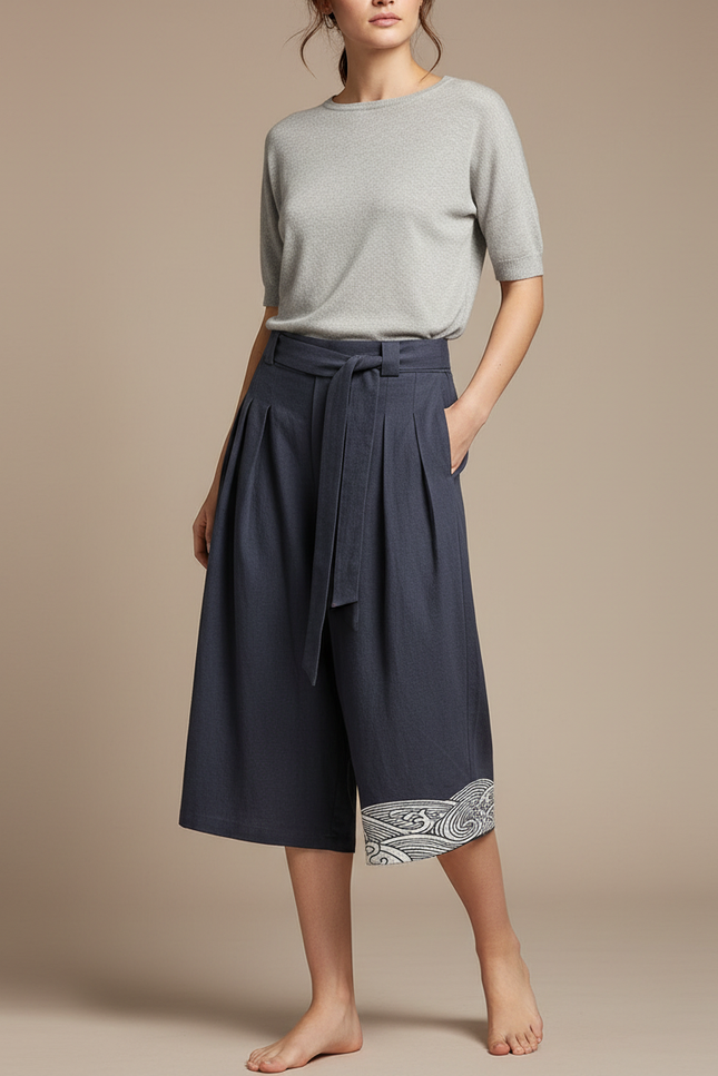 Pantalon Japonais Bleu Marine Ample Lin Brodé Vagues