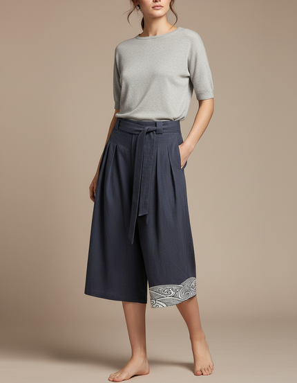 Pantalon Japonais Bleu Marine Ample Lin Brodé Vagues