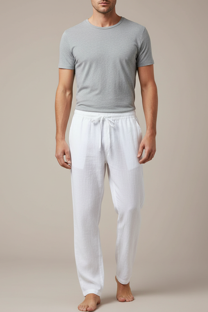 Pantalon Japonais Blanc Lin Ample Cordon Léger Homme