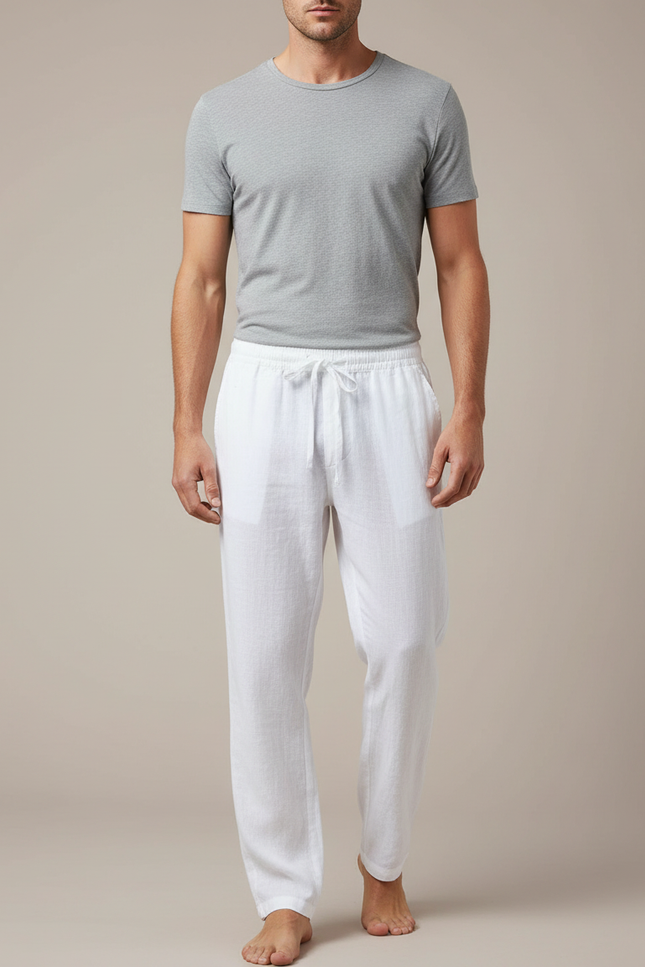 Pantalon Japonais Blanc Lin Ample Cordon Léger Homme