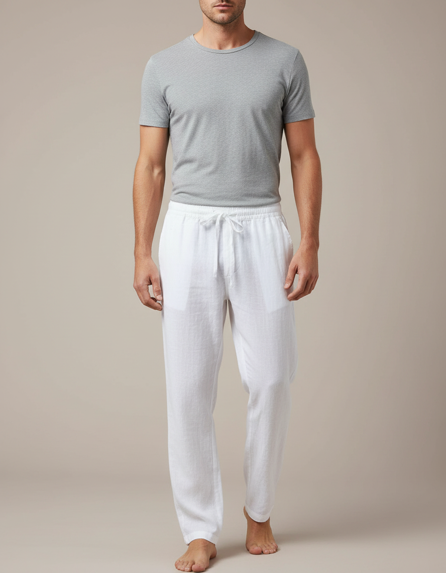 Pantalon Japonais Blanc Lin Ample Cordon Léger Homme