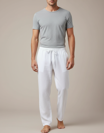 Pantalon Japonais Blanc Lin Ample Cordon Léger Homme