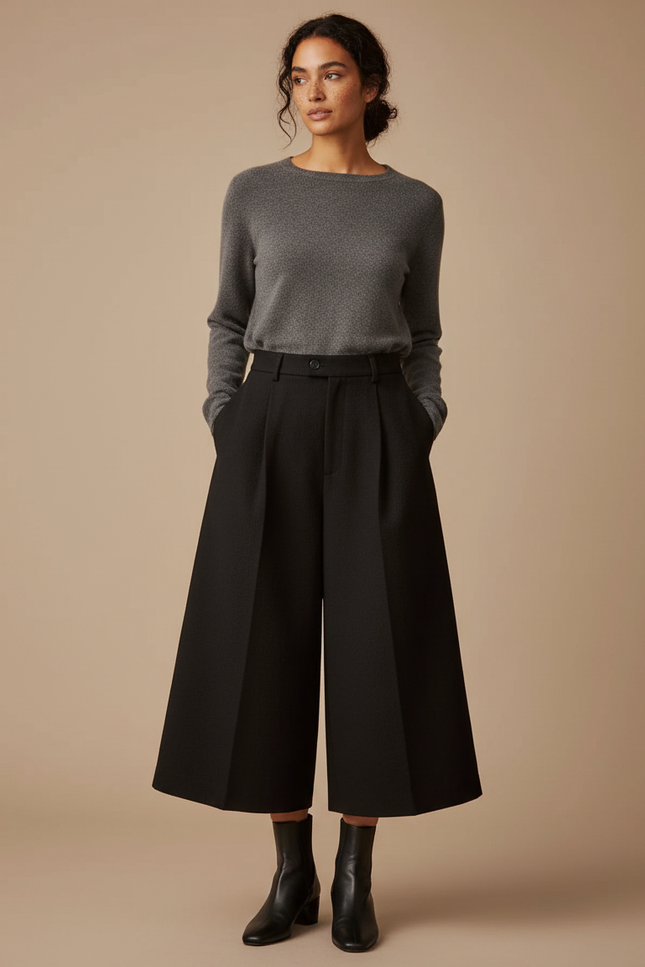 Pantalon Japonais Noir Laine Ample Court Élégant