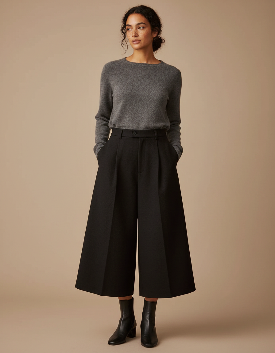 Pantalon Japonais Noir Laine Ample Court Élégant