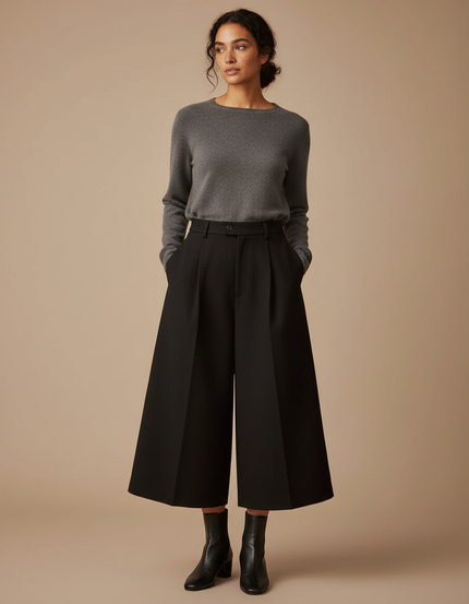 Pantalon Japonais Noir Laine Ample Court Élégant