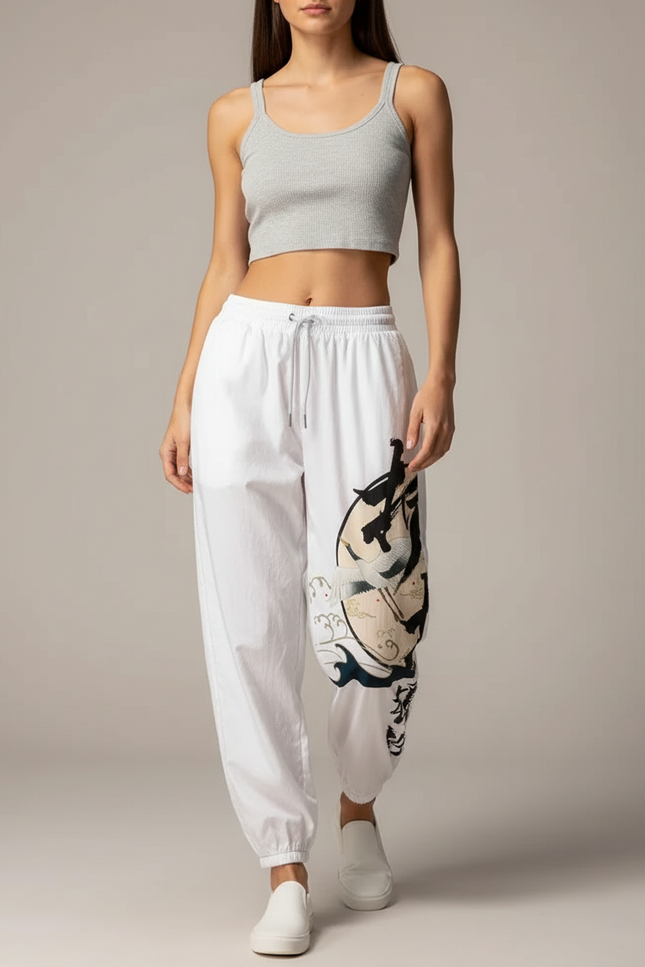 Pantalon Japonais Blanc Ample Grue Kanagawa Décontracté - Coton