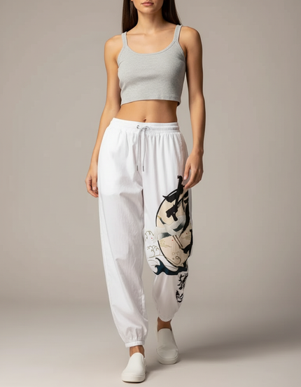 Pantalon Japonais Blanc Ample Grue Kanagawa Décontracté - Coton