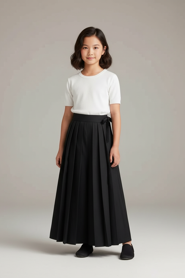 Pantalon Japonais Noir Plissé Ample Long Ceinturé - Polyester