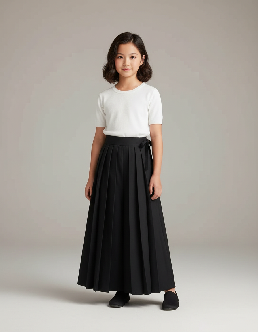 Pantalon Japonais Noir Plissé Ample Long Ceinturé - Polyester