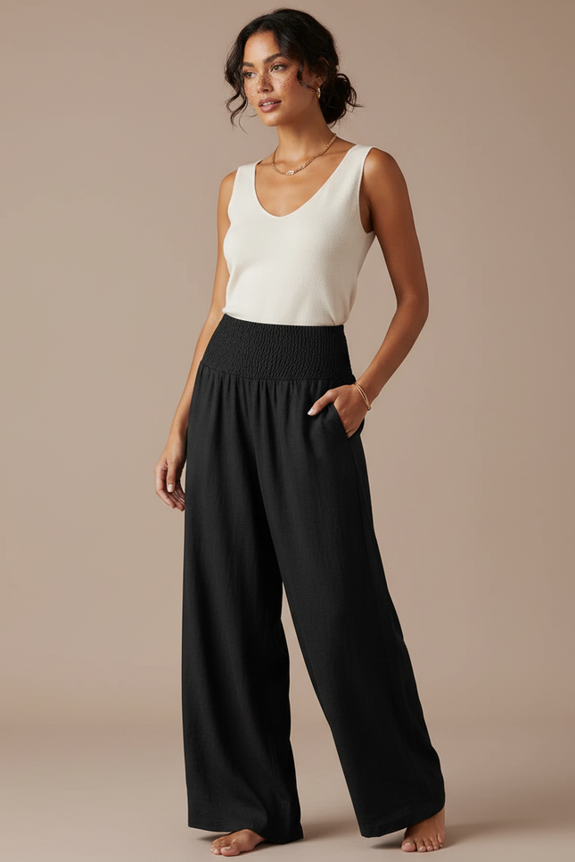 Pantalon Japonais Noir Fluide Ample Lin Coton Femme