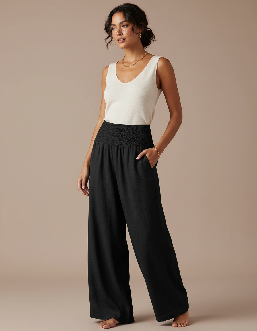 Pantalon Japonais Noir Fluide Ample Lin Coton Femme