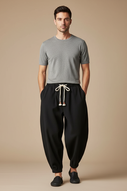 Pantalon Japonais Noir Ample Laine Chaud Homme