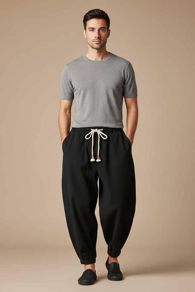 Pantalon Japonais Noir Ample Laine Chaud Homme