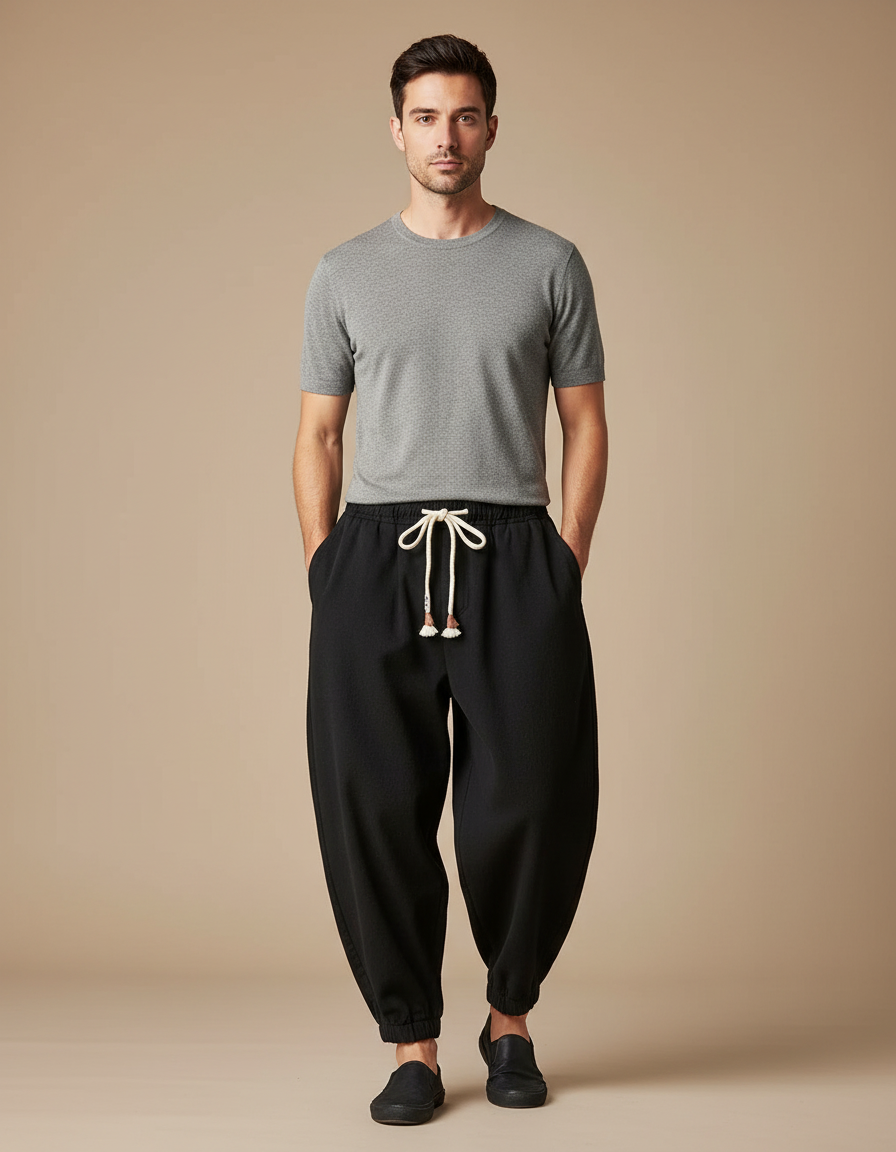 Pantalon Japonais Noir Ample Laine Chaud Homme