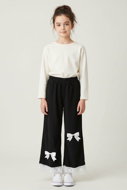 Pantalon Japonais Noir Large Dentelle Nœuds Fille - Cordé