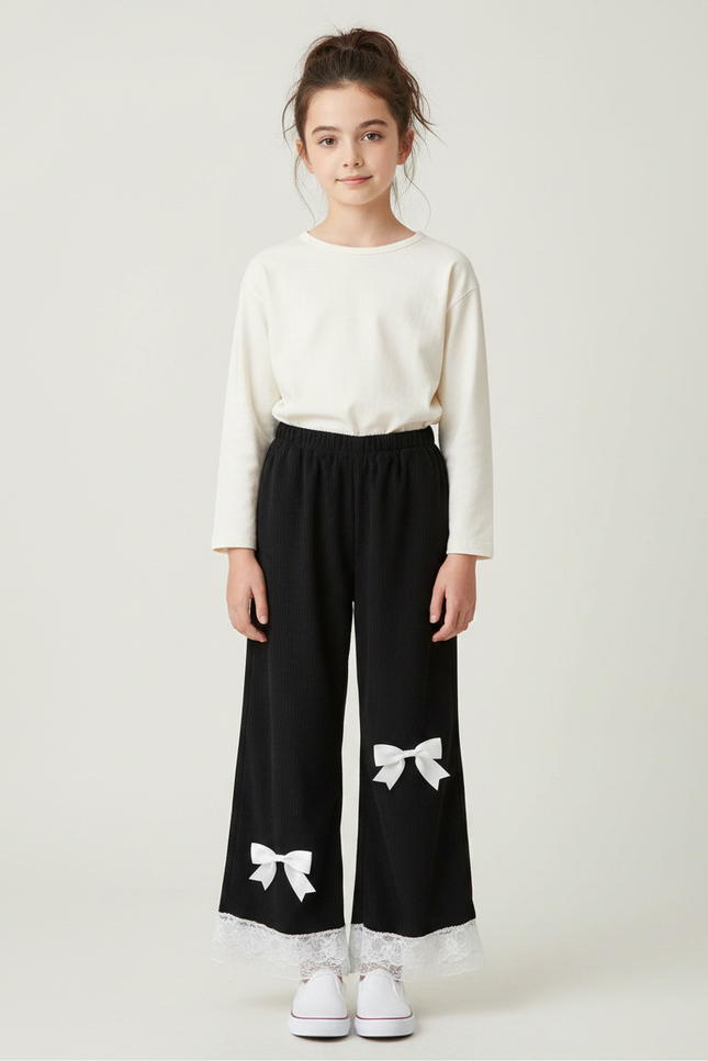 Pantalon Japonais Noir Large Dentelle Nœuds Fille - Cordé