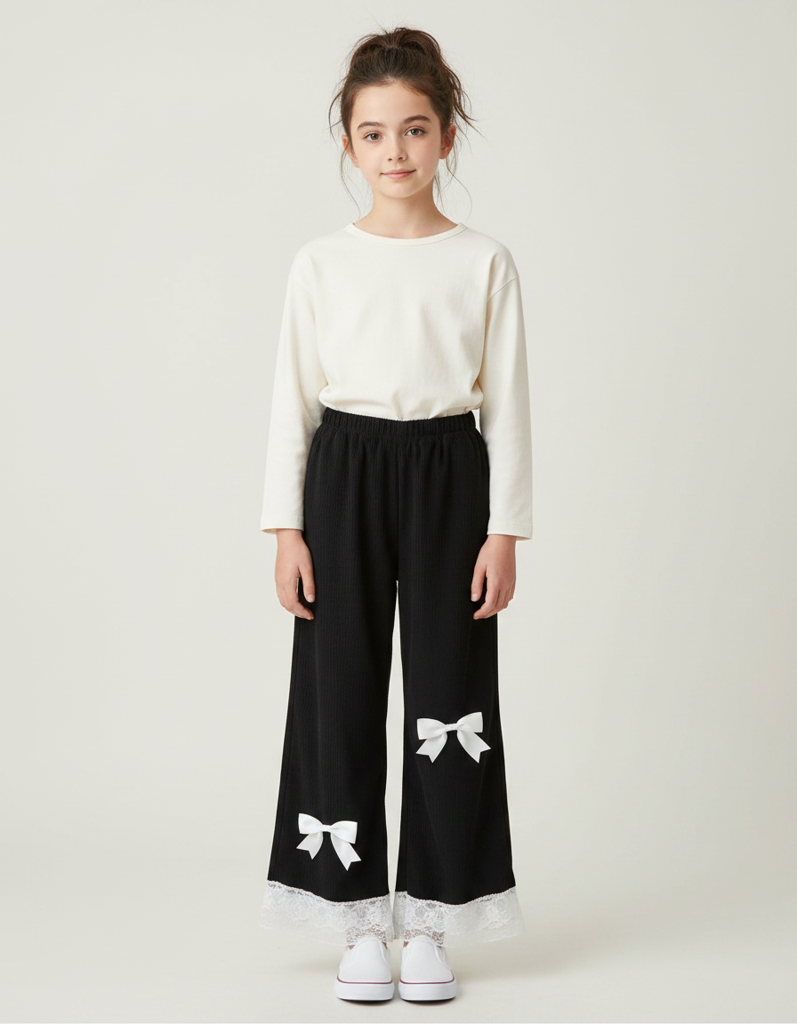 Pantalon Japonais Noir Large Dentelle Nœuds Fille - Cordé