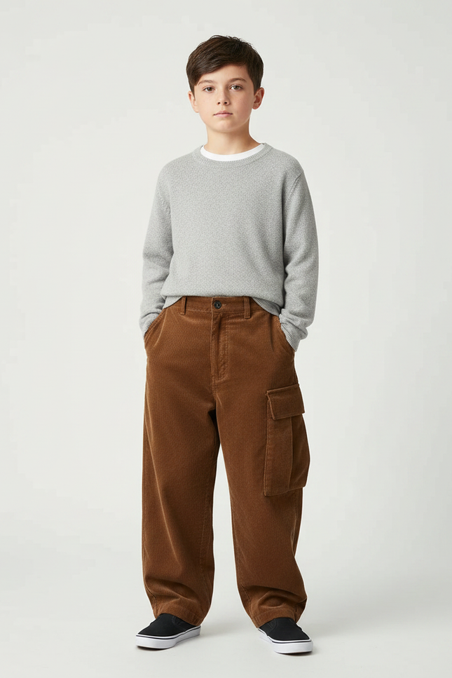 Pantalon Japonais Marron Ample Côtelé Cargo Garçon - Cordé