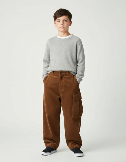 Pantalon Japonais Marron Ample Côtelé Cargo Garçon - Cordé