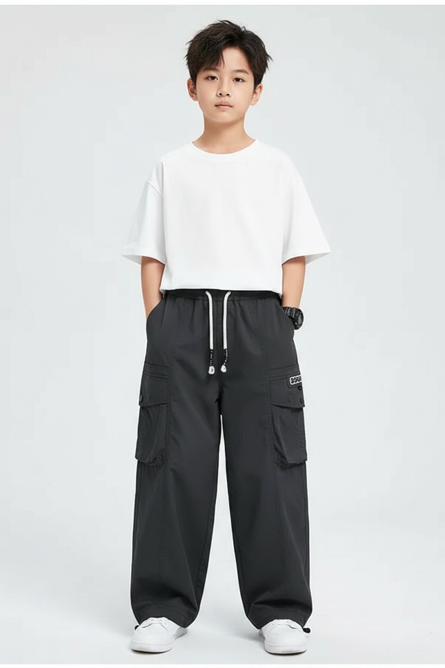 Pantalon Japonais Noir Cargo Ample Décontracté Enfant - Polyester