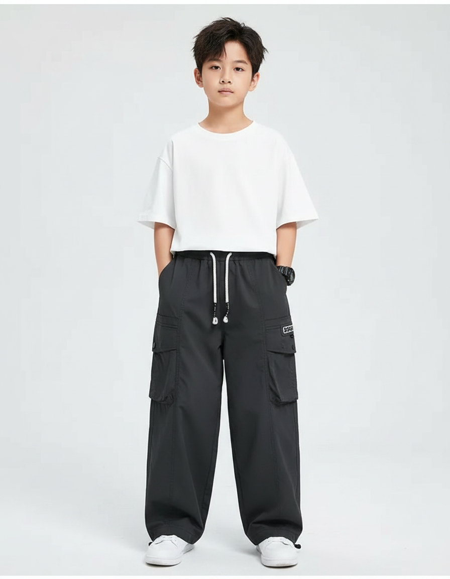 Pantalon Japonais Noir Cargo Ample Décontracté Enfant - Polyester