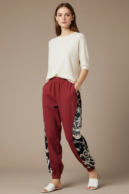 Pantalon Japonais Rouge Imprimé Dragon Ample Lin Coton - Bordeaux