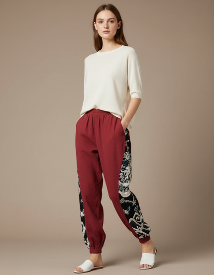 Pantalon Japonais Rouge Imprimé Dragon Ample Lin Coton - Bordeaux